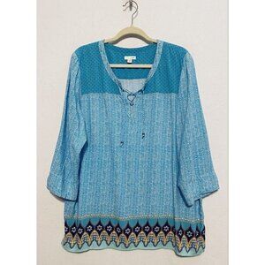 J Jill Womens Border Print Tunic Top Tassel Neck Blue 3/4 Sleeves Boho Medium